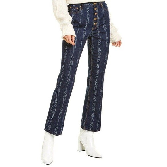 Tory Burch Jeans Womens 24 Blue Gemini Link Bloom Jacquard Rockabilly Denim Pant - Picture 1 of 16
